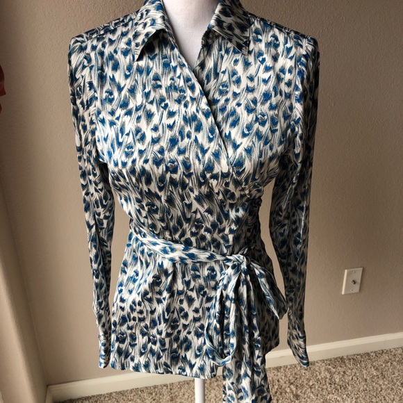 Ann Taylor Tops - Blue and White Printed Wrap Blouse with Tie Waist
